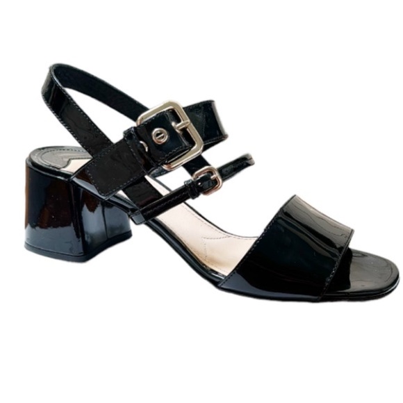 Prada black patent leather strappy buckle sling back peep toe heels size 38.5 - Picture 1 of 11